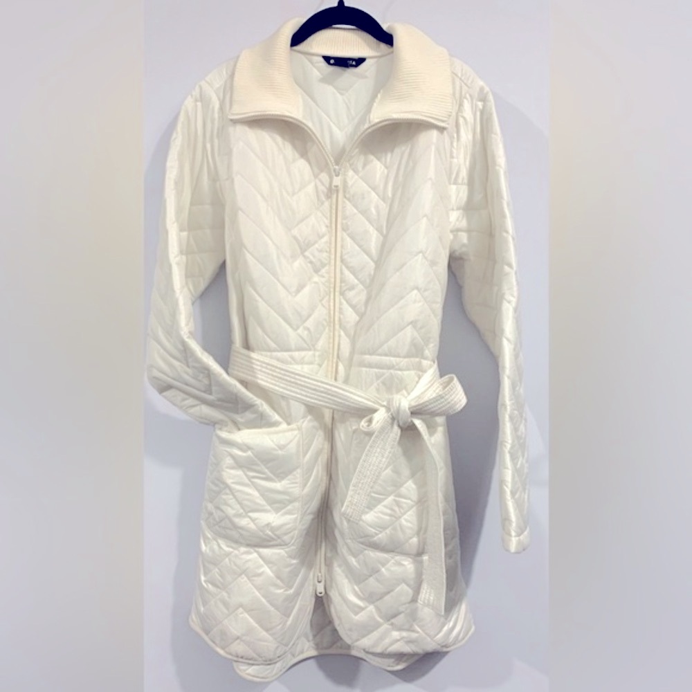 NWOT, Athleta Quilted w/ Belt "Mendocino Coat" in Magnolia White, Sz Medium TALL